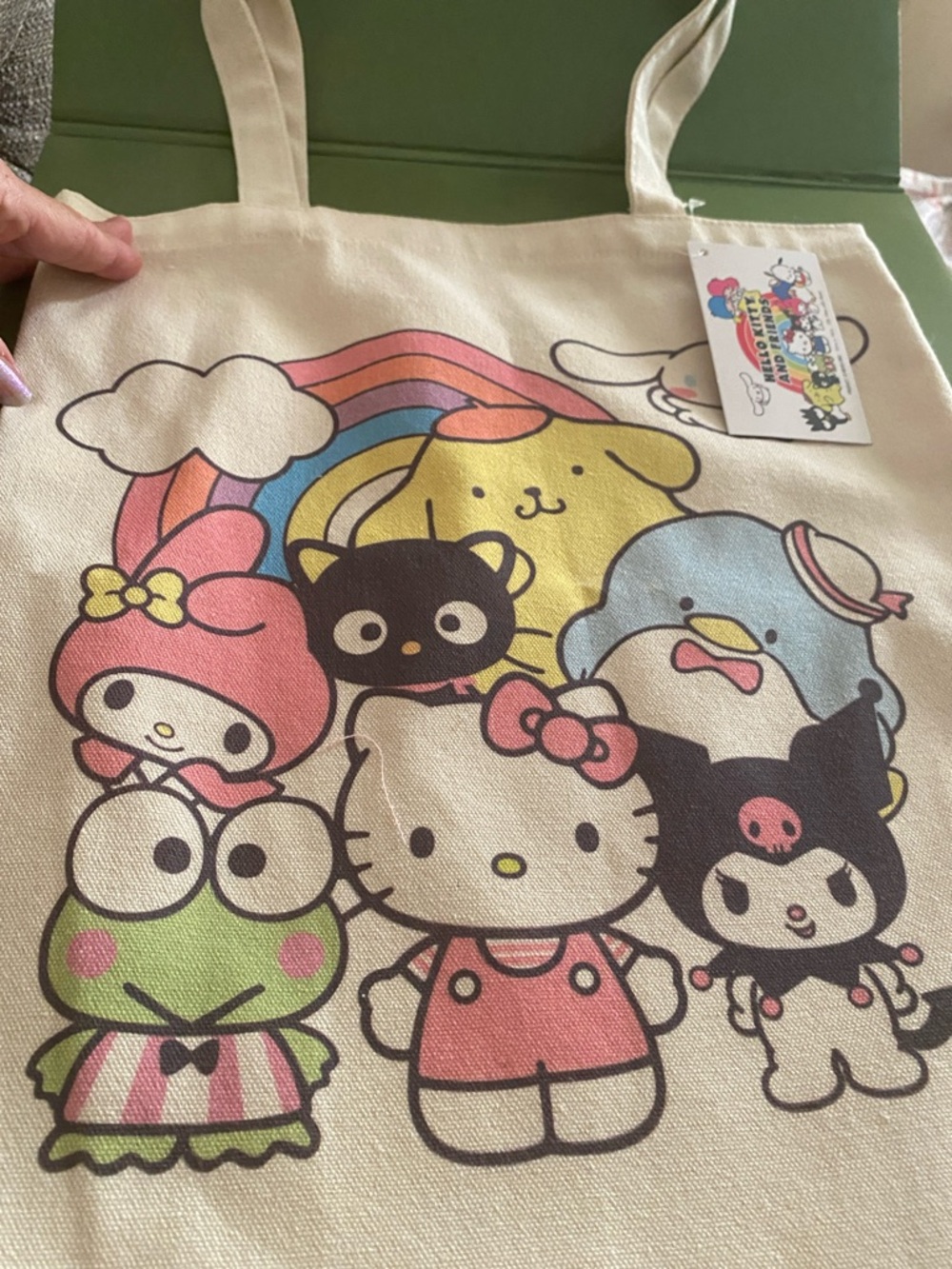 Hello Kitty Canvas Tote in Cream with Pastel Rainbow Characters